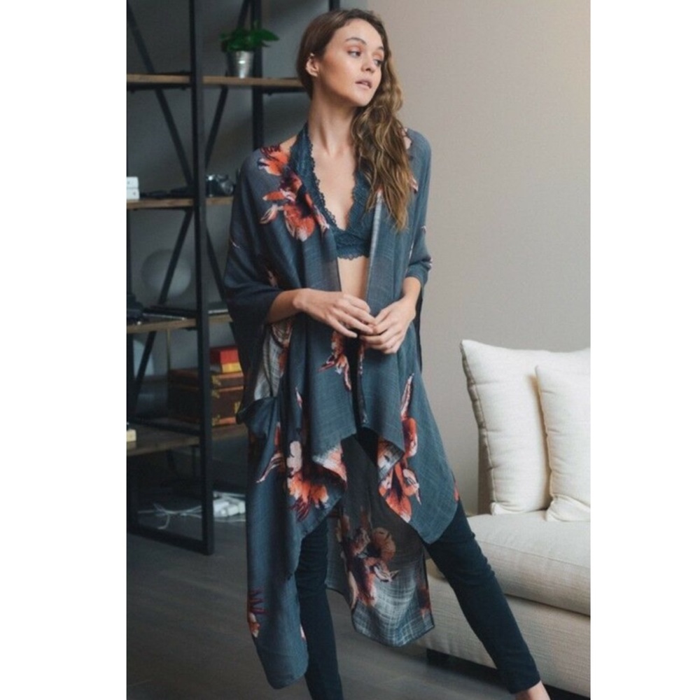 Boho Charcoal Gray Floral Kimono Wrap Beach Coverup